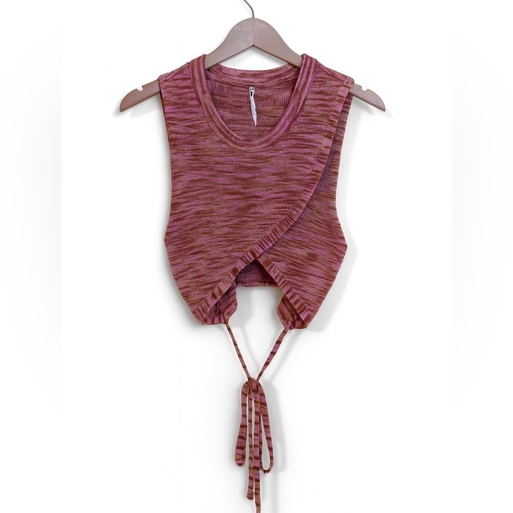Free People Knit Cotton Sleeveless Split Tie Front Crop Lightweight Sweater Top